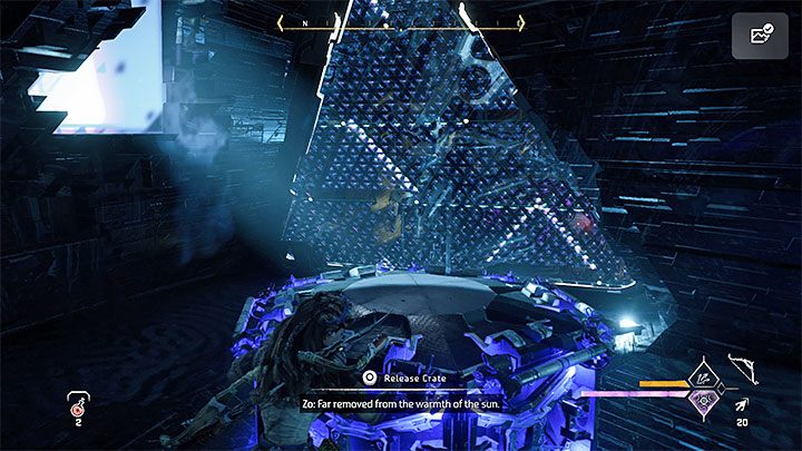 W nowym pomieszczeniu znajdziecie skrzynię i musicie ją przepchąć do pokazanej na obrazku bariery energetycznej - Horizon Forbidden West: Umierająca kraina (The Dying Lands) - solucja, opis przejścia - Horizon Forbidden West - poradnik do gry