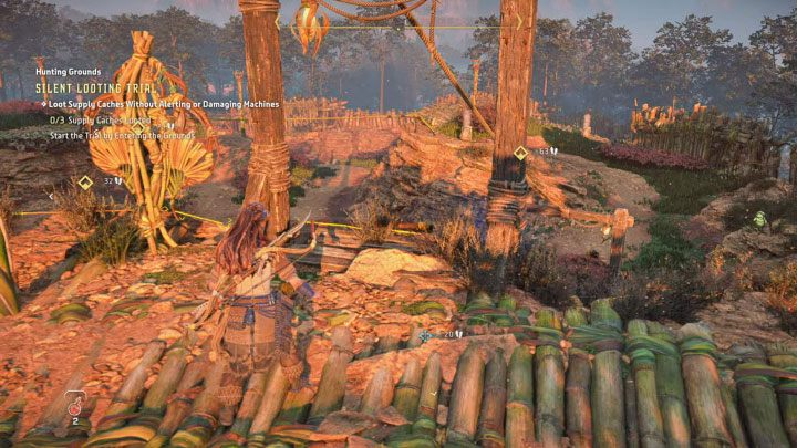 Próba ta zakłada plądrowanie skrytek z zapasami (Supply Caches), przy jednoczesnym unikaniu wykrycia przez maszyny (lekkie zaalarmowanie ich jest dozwolone, ale musicie wtedy zaczekać aż zakończy się żółty stan) - Horizon Forbidden West: Tereny łowieckie: Pieśń Ziemi - opis przejścia prób - Horizon Forbidden West - poradnik do gry