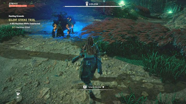 Próba ta zakłada zabijanie maszyn bezszelestnym ciosem (Silent Strike) lub alternatywnie ciosem z góry (Strike from Above), pozostając jednocześnie niezauważonym - Horizon Forbidden West: Tereny łowieckie: Pieśń Ziemi - opis przejścia prób - Horizon Forbidden West - poradnik do gry