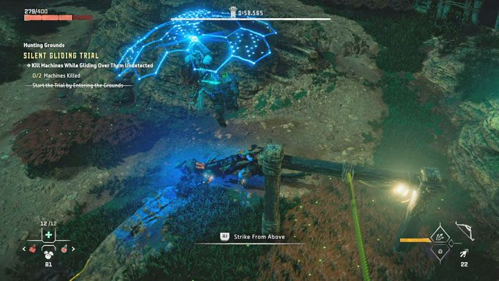 Próba ta zakłada zabijanie maszyn atakami z powietrza (Strike from Above) wykonywanymi podczas szybowania z użyciem tarczoskrzydła (Shieldwing) - Horizon Forbidden West: Tereny łowieckie: Pieśń Ziemi - opis przejścia prób - Horizon Forbidden West - poradnik do gry
