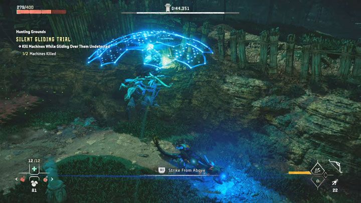 Wytypujcie kolejną maszynę do ataku, zwróćcie się w jej stronę i po odbiciu się od słupa ponownie rozpocznijcie szybowanie z użyciem tarczoskrzydła - Horizon Forbidden West: Tereny łowieckie: Pieśń Ziemi - opis przejścia prób - Horizon Forbidden West - poradnik do gry