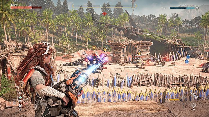 Po rozpoczęciu walk wykorzystujcie ciężką broń do ostrzeliwania maszyn znajdujących się na dole - Horizon Forbidden West: Kulrut (The Kulrut) - solucja, opis przejścia - Horizon Forbidden West - poradnik do gry