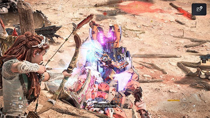 Po tym jak zużyjecie całą amunicję ciężkiej broni możecie przestawić się na ataki z wykorzystaniem broni dystansowych z inwentarza Aloy lub udać się w lewo i rozejrzeć się za drugą ciężką bronią - Horizon Forbidden West: Kulrut (The Kulrut) - solucja, opis przejścia - Horizon Forbidden West - poradnik do gry