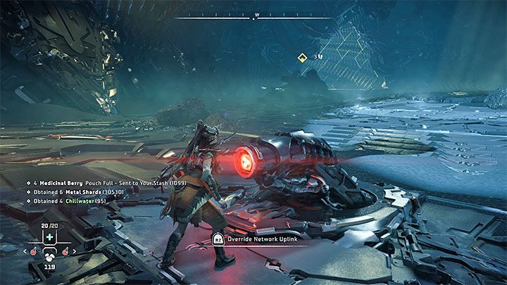 Dotrzyjcie do znajdującego się w tej samej sali łącza sieciowego i w dobrze znany sposób użyjcie na nim włóczni - Horizon Forbidden West: GEMINI - solucja, opis przejścia - Horizon Forbidden West - poradnik do gry