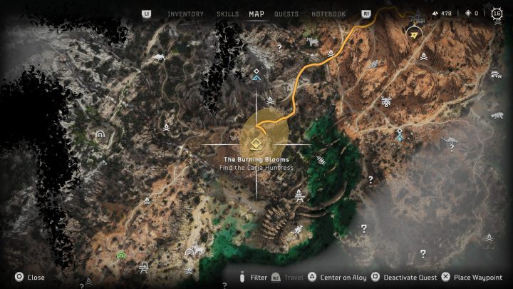 Udajcie się w wyznaczone miejsce na południowy zachód od osady Kamienne Echo - Horizon Forbidden West: Płonące Kwiaty (The Burning Blooms) - solucja, opis przejści - Horizon Forbidden West - poradnik do gry