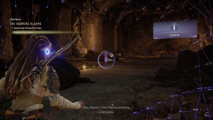 Uruchomcie fokus i zbadajcie ciało przykryte stertą kamieni - Horizon Forbidden West: Płonące Kwiaty (The Burning Blooms) - solucja, opis przejści - Horizon Forbidden West - poradnik do gry