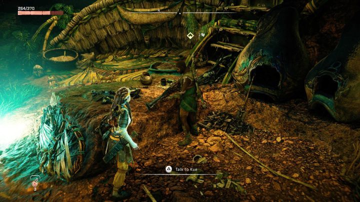 Po wybiciu wszystkich buntowników, idźcie za Kue do wioski i porozmawiajcie z nim - Horizon Forbidden West: Korzenie, które łączą (The Roots That Bind) - solucja, opis przejścia - Horizon Forbidden West - poradnik do gry