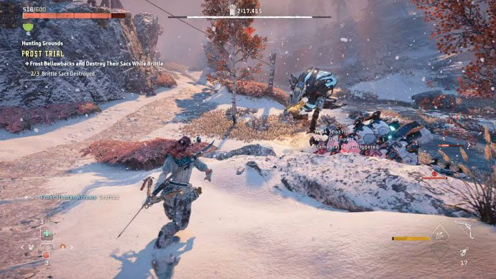 Jeśli nie zdążyliście ze zniszczeniem obu komponentów nadymacza, to ponownie zacznijcie stosować amunicję lodową - Horizon Forbidden West: Tereny łowieckie: Góry Urwiste - opis przejścia prób - Horizon Forbidden West - poradnik do gry