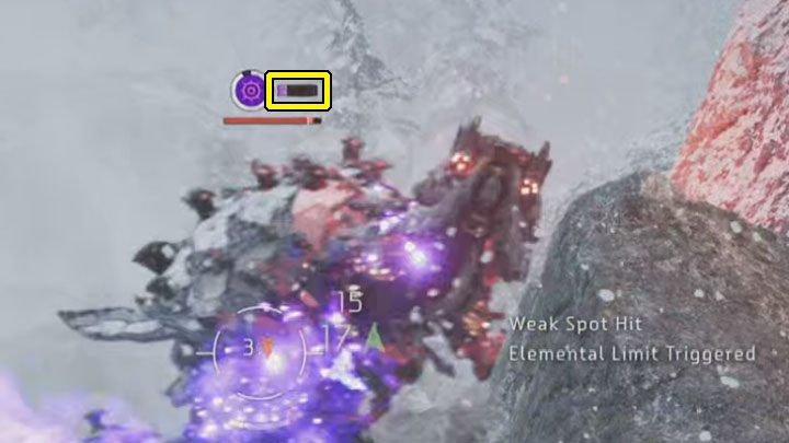 Po tym jak walcobok przejdzie w stan wybuchu plazmy będziecie mogli zacząć zapełniać pasek widoczny obok ikony plazmy - pokazuje go powyższy obrazek - Horizon Forbidden West: Tereny łowieckie: Góry Urwiste - opis przejścia prób - Horizon Forbidden West - poradnik do gry