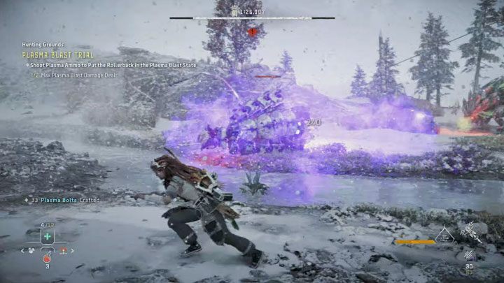 Jeśli zdążyliście zapełnić pasek, to w momencie wybuchu powinniście zdobyć pierwszy z 2 wymaganych punktów - Horizon Forbidden West: Tereny łowieckie: Góry Urwiste - opis przejścia prób - Horizon Forbidden West - poradnik do gry