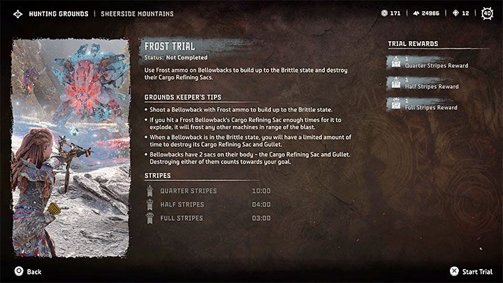 Przed przystąpieniem do każdego wyzwania możecie i powinniście zapoznać się z jego opisem - Horizon Forbidden West: Tereny łowieckie (Hunting Grounds) - lista i ogólne informacje - Horizon Forbidden West - poradnik do gry