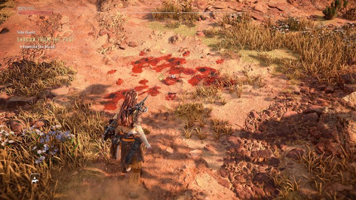 Na miejscu zbadajcie plamy krwi na ziemi - Horizon Forbidden West: Cień przeszłości (Shadow from the Past) - solucja, opis przejścia - Horizon Forbidden West - poradnik do gry