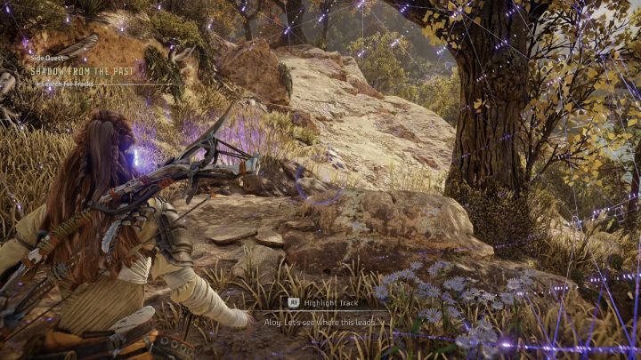 Uruchomcie fokusa i podświetlcie ślady wciskając R1 - Horizon Forbidden West: Cień przeszłości (Shadow from the Past) - solucja, opis przejścia - Horizon Forbidden West - poradnik do gry