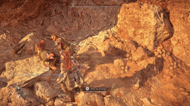 Po wyeliminowaniu gromoszczęka, podejdźcie do ocalałego i porozmawiajcie z Drakką - Horizon Forbidden West: Pragnienie łowów (Thirst for the Hunt) - solucja, opis przejścia - Horizon Forbidden West - poradnik do gry