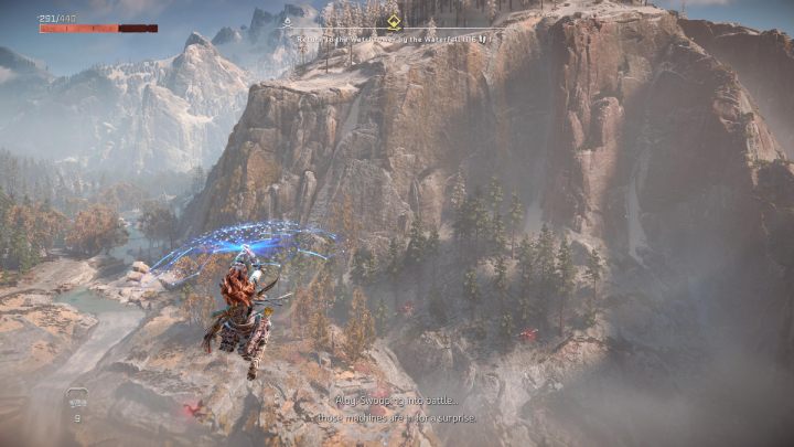 Zeskoczcie z drewnianych desek i otwórzcie tarczoskrzydło, aby szybko dostać się z powrotem do Kivvy - Horizon Forbidden West: Zawołanie i odpowiedź (Call and Response) - solucja, opis przejścia - Horizon Forbidden West - poradnik do gry