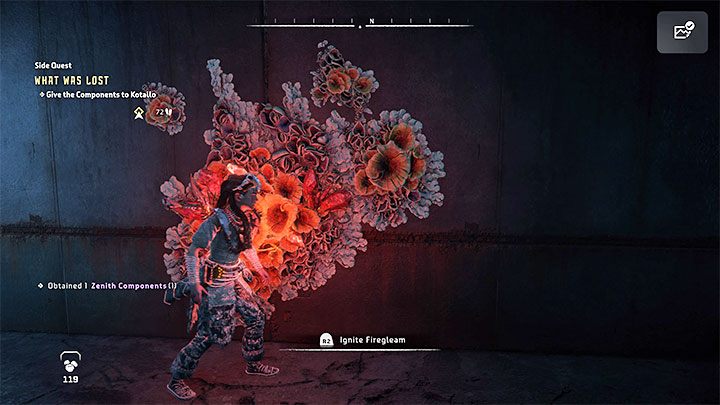 Z pomieszczenia ze skrzynią możecie wydostać się używając zapalnika na czerwonych kwiatach - Horizon Forbidden West: To, co utracono (What Was Lost), quest Kotallo - solucja, opis przejścia - Horizon Forbidden West - poradnik do gry