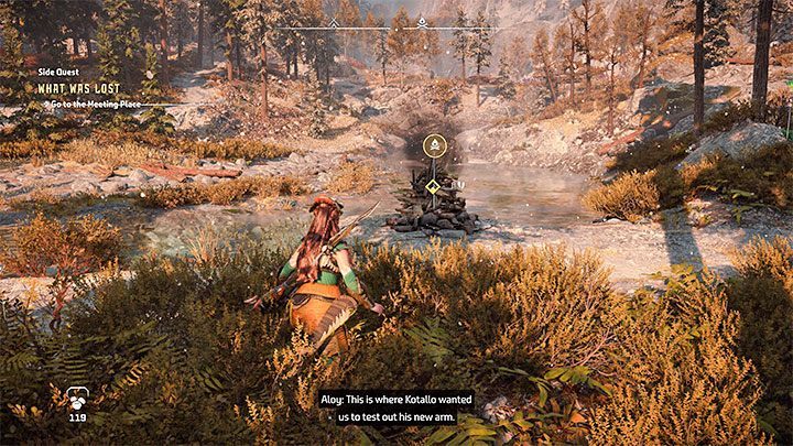 Kotallo poprosi Aloy o spotkanie się z nim w miejscu, w którym wcześniej w głównej fabule stoczyli bitwę z mumakłem - Horizon Forbidden West: To, co utracono (What Was Lost), quest Kotallo - solucja, opis przejścia - Horizon Forbidden West - poradnik do gry