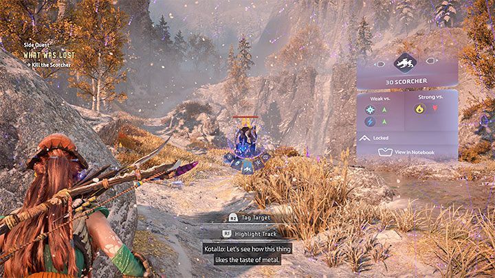 Maszyną, na której Kotallo postanowi przetestować nową rękę, jest Ogniarz (Scorcher) - Horizon Forbidden West: To, co utracono (What Was Lost), quest Kotallo - solucja, opis przejścia - Horizon Forbidden West - poradnik do gry