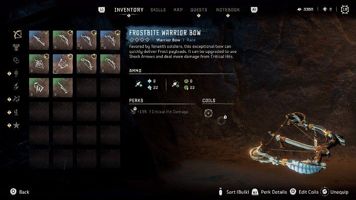 Łuk wojownika charakteryzuje się krótkim czasem naciągania cięciwy, przez co broń przeznaczona do walki na krótkim dystansie - wtedy możecie wykrzesać z tej broni całą moc - Horizon Forbidden West: Bronie dystansowe - rodzaje, zastosowanie - Horizon Forbidden West - poradnik do gry