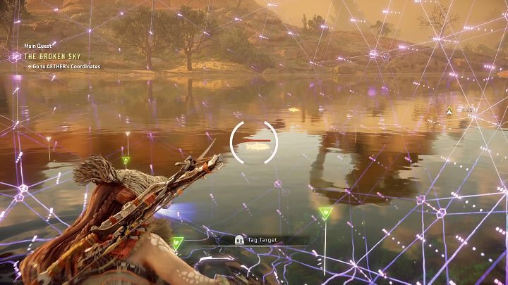 W pierwszej kolejności przeskanujcie obszar fokusem i oznaczcie rybę (R2), aby łatwiej było Wam za nią podążać - Horizon Forbidden West: Jak łowić ryby? - Horizon Forbidden West - poradnik do gry