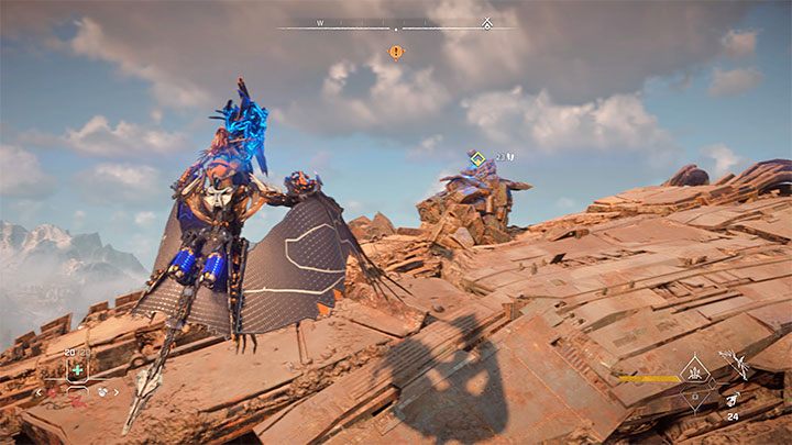 Wybierzcie solarptaka z listy szybkich akcji (lewy/prawy kierunek na krzyżaku pada) i przywołajcie go do siebie (dolny kierunek) - Aloy powinna automatycznie wskoczyć ponownie na jego grzbiet - Horizon Forbidden West: Skrzydła Dziesiątki (The Wings of the Ten) - solucja, opis przejścia - Horizon Forbidden West - poradnik do gry