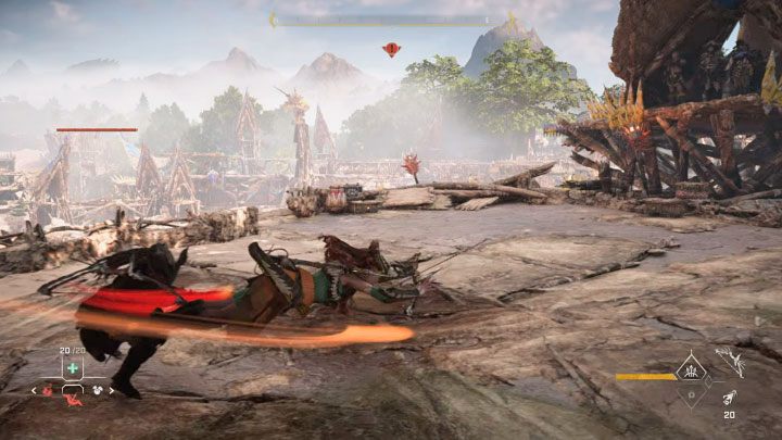 W przypadku walki w zwarciu powinniście zawsze rozpoczynać od wykonywania serii uników po to żeby nie dać się jej trafić atakami wykonywanymi bronią białą - Horizon Forbidden West: Skrzydła Dziesiątki (The Wings of the Ten) - solucja, opis przejścia - Horizon Forbidden West - poradnik do gry