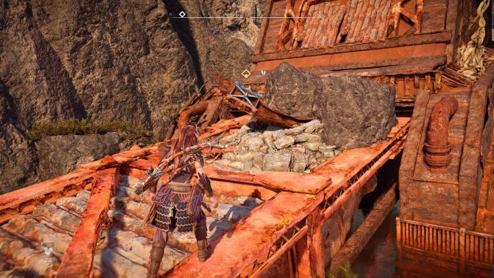 Za pomocą przyciągacza wyciągnijcie metalową belkę z niebieskimi elementami - Horizon Forbidden West: Potop (The Deluge) - solucja, opis przejścia - Horizon Forbidden West - poradnik do gry