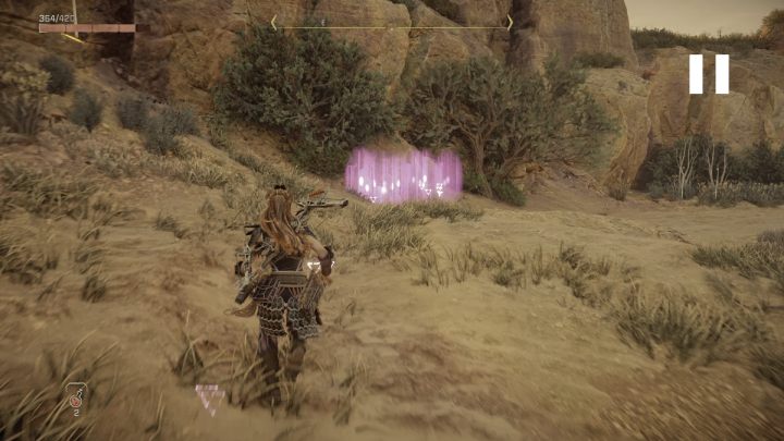 Uruchomcie fokus, zaznaczcie odnalezione ślady i zejdźcie w dół na piaszczystą polanę - Horizon Forbidden West: Taras (The Promontory) - solucja, opis przejścia - Horizon Forbidden West - poradnik do gry