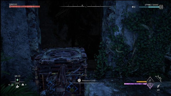 Na górnym piętrze trzeba złapać skrzynię i zrzucić ją na windę, dzięki temu poleci ona go góry, gdy winda ruszy - Horizon Forbidden West: Rachunek - jak zdobyć? - Horizon Forbidden West - poradnik do gry