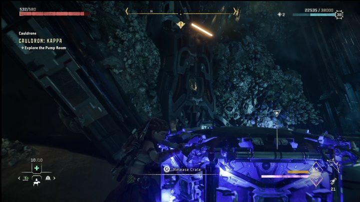 Wyjmijcie platformę za pomocą linki z hakiem, przysuńcie ją do ściany i korzystając z tego podniesienia, dostańcie się na wyższy poziom - Horizon Forbidden West: Kocioł KAPPA (Ostoja strażników)- lokalizacja, opis przejścia - Horizon Forbidden West - poradnik do gry