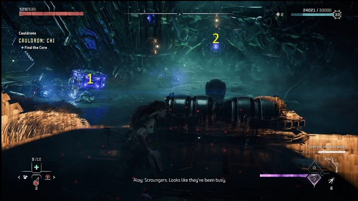 Idąc dalej zobaczycie przeciwników i kilka niebieskich elementów - Horizon Forbidden West: Kocioł CHI (Ostoja strażników)- lokalizacja, opis przejścia - Horizon Forbidden West - poradnik do gry