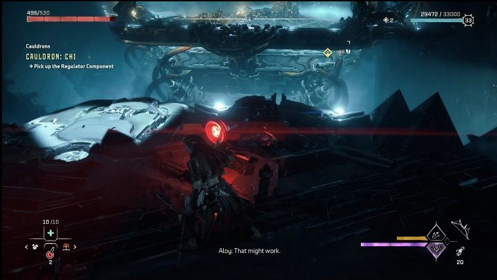 Zostawcie baterię, przeskoczcie po kontenerach na ścianie i przejmujcie mechanizm korzystając z włóczni - Horizon Forbidden West: Kocioł CHI (Ostoja strażników)- lokalizacja, opis przejścia - Horizon Forbidden West - poradnik do gry