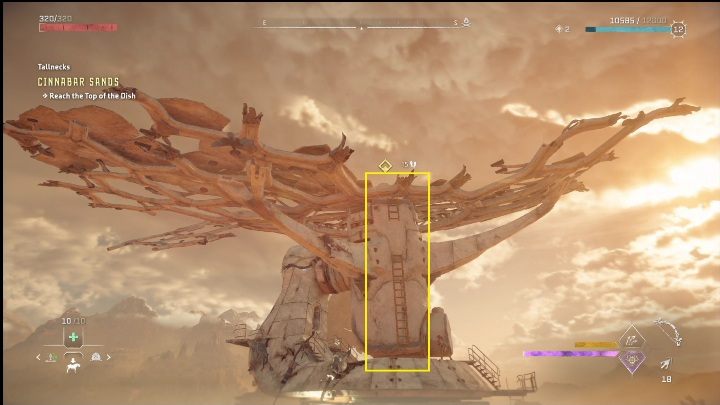 Przed waszymi oczami pojawi się drabina, po której musicie się wspiąć na samą górę - Horizon Forbidden West: Żyraf (Cynobrzany) - lokalizacja - Horizon Forbidden West - poradnik do gry