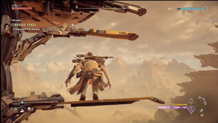 Jeśli nie wskoczycie na szczyt maszyny, możliwe, że złapiecie się żółtych elementów zaraz za jej głową - Horizon Forbidden West: Żyraf (Cynobrzany) - lokalizacja - Horizon Forbidden West - poradnik do gry