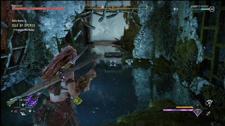 Następnie przepłyńcie dalej, aby dociągnąć skrzynię na lewą stronę ruin - Horizon Forbidden West: Złote tukany - jak zdobyć? - Horizon Forbidden West - poradnik do gry