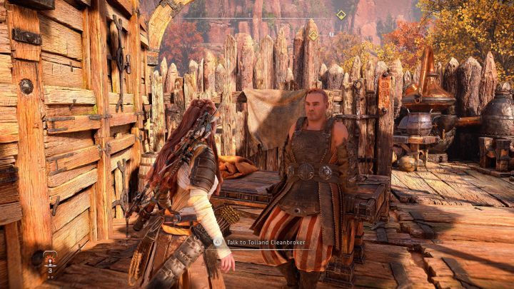 Wyjdźcie z karczmy i skierujcie się w dół do areny ćwiczebnej (Melee Pit) - Horizon Forbidden West: Droga Zmierzchu (The Twilight Path) - solucja, opis - Horizon Forbidden West - poradnik do gry