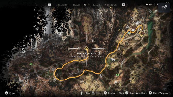 Udajcie się do obozu drogą na południowy zachód od osady Złomianki - Horizon Forbidden West: Droga Zmierzchu (The Twilight Path) - solucja, opis - Horizon Forbidden West - poradnik do gry