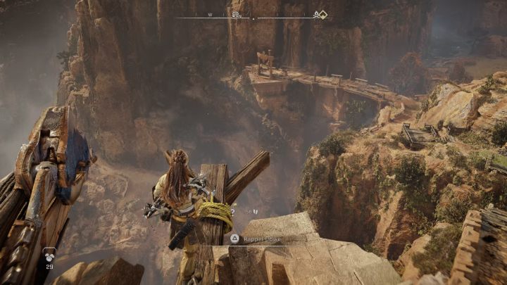 Użyjcie haka, aby szybko zjechać w dół i wróćcie do urwanego mostu - Horizon Forbidden West: Droga Zmierzchu (The Twilight Path) - solucja, opis - Horizon Forbidden West - poradnik do gry