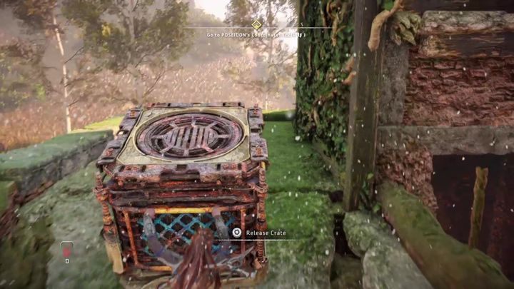 Przez otwór wciągnijcie potem górną skrzynię i murem podprowadźcie ją pod ścianę wieży - Horizon Forbidden West: Kościół? Serio? - jak zdobyć? - Horizon Forbidden West - poradnik do gry