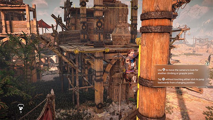 Zlokalizujcie pierwsze żółte elementy żeby ustalić miejsce rozpoczęcia wspinaczki - Horizon Forbidden West: Na czubku lancy (The Point of the Lance) - solucja, opis przejścia - Horizon Forbidden West - poradnik do gry