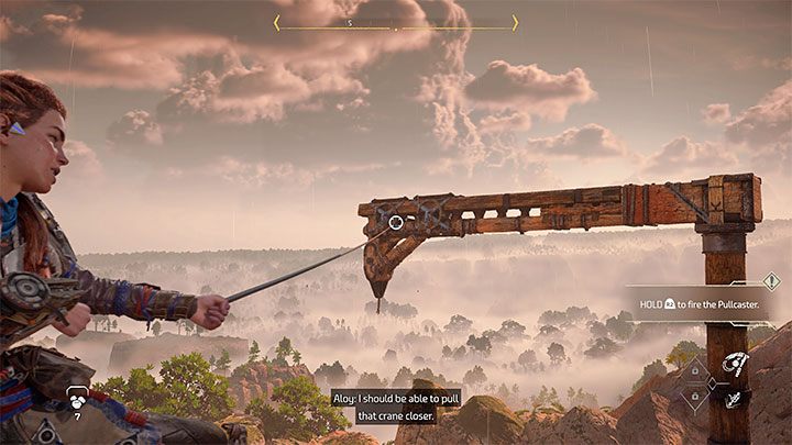 W górnej części wspinaczki pomóżcie sobie przyciągaczem do przesunięcia pokazanego na obrazku wysięgnika - Horizon Forbidden West: Na czubku lancy (The Point of the Lance) - solucja, opis przejścia - Horizon Forbidden West - poradnik do gry