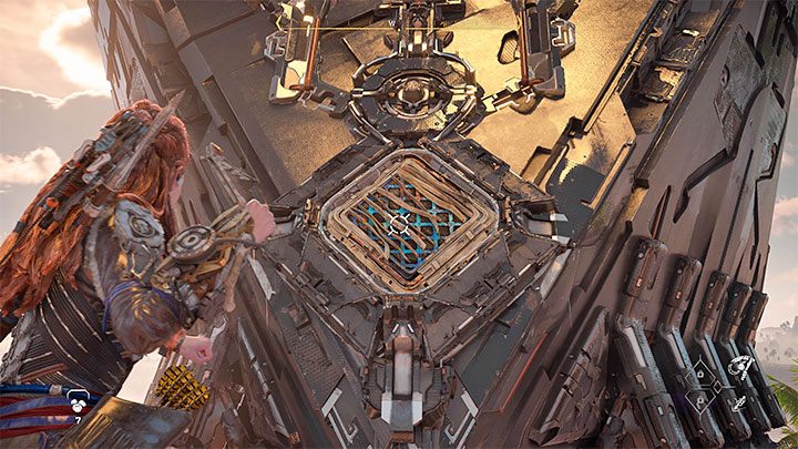 Przyciągacza musicie też użyć do wyrwania kratki z powyższego obrazka - Horizon Forbidden West: Na czubku lancy (The Point of the Lance) - solucja, opis przejścia - Horizon Forbidden West - poradnik do gry