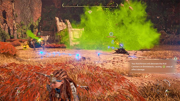 Trafiony zbiornik ulegnie rozszczelnieniu i po chwili eksploduje zabijając maszynę lub doprowadzając ją na skraj śmierci - Horizon Forbidden West: Ku granicy (To the Brink) - solucja, opis przejścia - Horizon Forbidden West - poradnik do gry