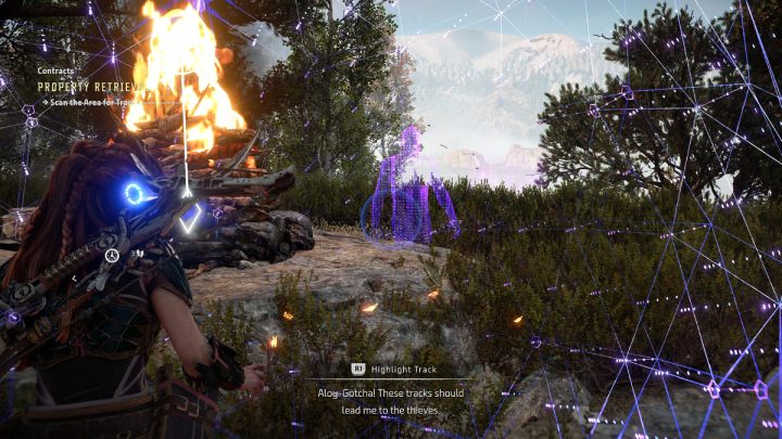 Po dotarciu w wyznaczone miejsce, uruchomcie fokus i zaznaczcie ślady odnalezione przy ognisku - Horizon Forbidden West: Zielenisko (Greenswell) - lista wszystkich kontraktów - Horizon Forbidden West - poradnik do gry