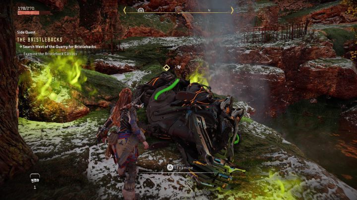 Udajcie się do kamieniołomu na południowy zachód od osady i zbadajcie zniszczoną maszynę leżącą przy rzece - Horizon Forbidden West: Kolcogrzbiety (The Bristlebacks) - solucja, opis przejścia - Horizon Forbidden West - poradnik do gry