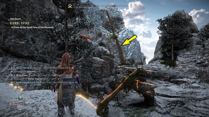 Przejdźcie po obalonej kłodzie na sąsiednią skałę i przewróćcie drzewo - Horizon Forbidden West: Siła sygnału (Signal Spike) - solucja, opis przejścia - Horizon Forbidden West - poradnik do gry