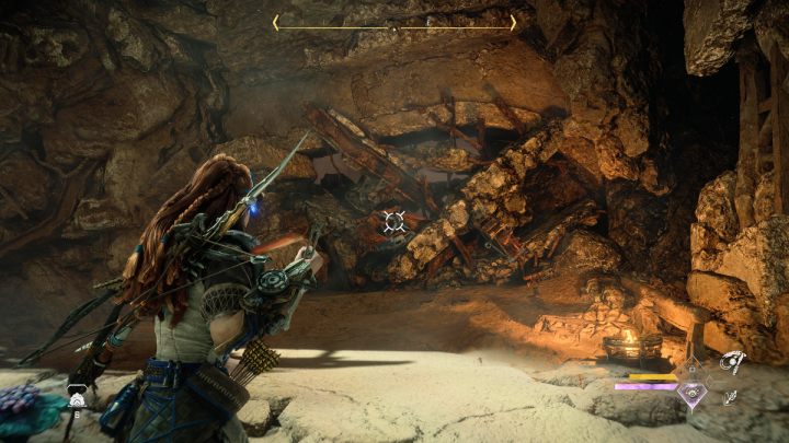 Podejdźcie do zawalonego przejścia i wyciągnijcie niebieskie elementy przyciągaczem - Horizon Forbidden West: Granica opłacalności (Breaking Even) - solucja, opis przejścia - Horizon Forbidden West - poradnik do gry