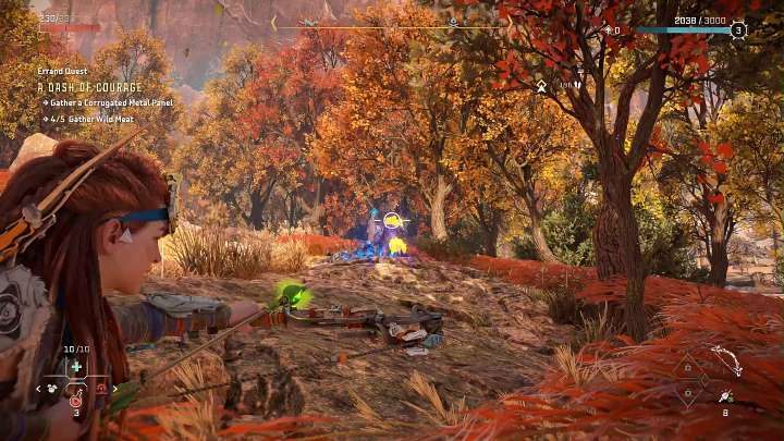 Walkę dystansową warto rozpocząć z ukrycia, co da Wam sporą przewagę nad przeciwnikiem i umożliwi wystrzelenie kilku pocisków, zanim wróg zorientuje się, z której strony padły strzały - Horizon Forbidden West: Walka i skradanie się - Horizon Forbidden West - poradnik do gry