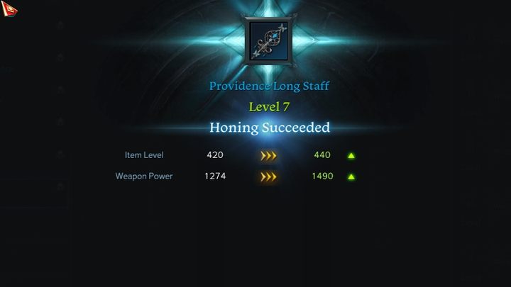 Gdy Wam się powiedzie, ujrzycie informacje o zmianach jakie nastąpiły w ekwipunku - Lost Ark: Honing - podnoszenie ilvl - Lost Ark - poradnik do gry 