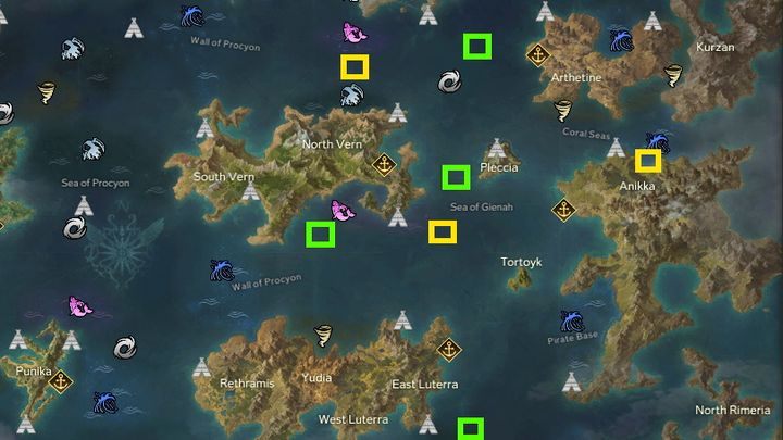 Na żółto oznaczono możliwe lokacje wyspy Shangra, na zielono - możliwe lokacje Tooki Island. - Lost Ark: Shangra, Tooki - jak zlokalizować położenie? - Lost Ark - poradnik do gry 